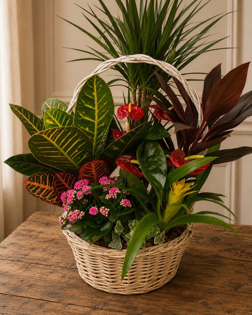 Composición de plantas en cesta de mimbre con asa